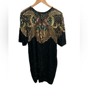Vintage JAKELIN Designs 100Silk Beaded Sequin Evening Dress Black Gold Floral 2X